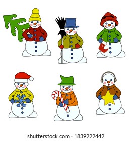 Set of snowmen dressed in colorful coats and hats, holding a christmas tree, candy cane, star, snowflake, sock and broomstick in hand, color vector clip art on a white isolated background