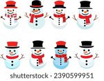 Set of Snowmen flat vector icons. Snowman with a red scarf .Collection of cute snowmen. Christmas character icons.	