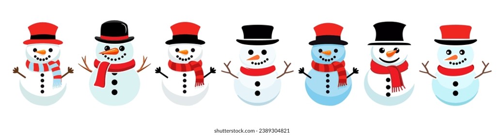 Conjunto de iconos de vector plano de Snowmen. Hombre de nieve con una bufanda roja. Colección de hombres de nieve lindos. iconos de caracteres de Navidad.