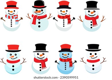 Conjunto de iconos de vector plano de Snowmen. Hombre de nieve con una bufanda roja. Colección de hombres de nieve lindos. iconos de caracteres de Navidad.	