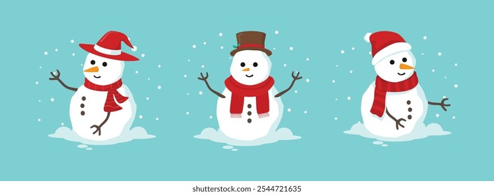 Set of Snowmen flat vector icons. Snowman with a red scarf .Collection of cute snowmen. Christmas character icons. sstkChristmas