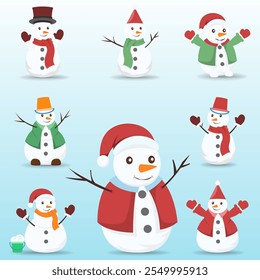 Set of Snowmen flat vector icons. Collection of cute snowmen. Christmas character icons. Snowman.