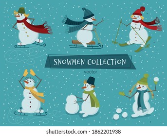 Set of Snowmen. Funny Snowmen play winter games: skiing, ice skating, sculpting a snowman