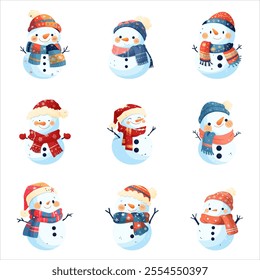 A set of Snowmen in a hat and scarf decorated with snowflakes.