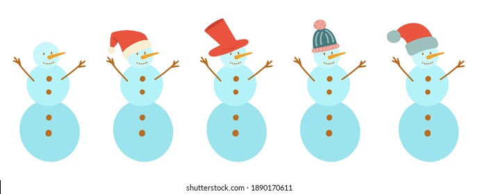 Set of snowmen in hats. Happy Christmas Holidays. Vector hand drawn illustration. The symbol of the New Year. It can be used to decorate clothes, greeting cards, postcards.
