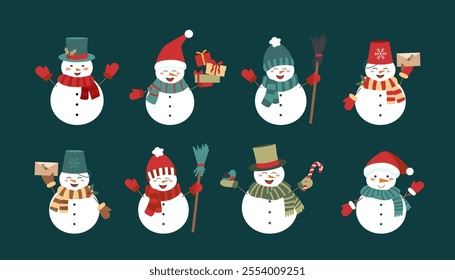 Set of snowmen isolated on dark background. Christmas and winter concept.