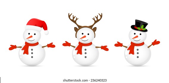 Set of snowmen isolated on white background, illustration.