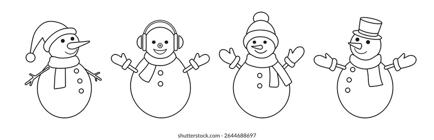 Conjunto de bonecos de neve isolados em um fundo branco. Desenho de contorno. Ícone de Natal, ilustração linear. Bonecos de neve alegres com boné, mitenes e cachecol.	