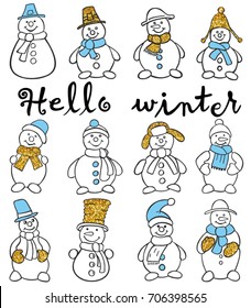 Set of snowmen isolated on white background, illustration.  Hello, winter!