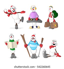Set of snowmen showing different professions and situations