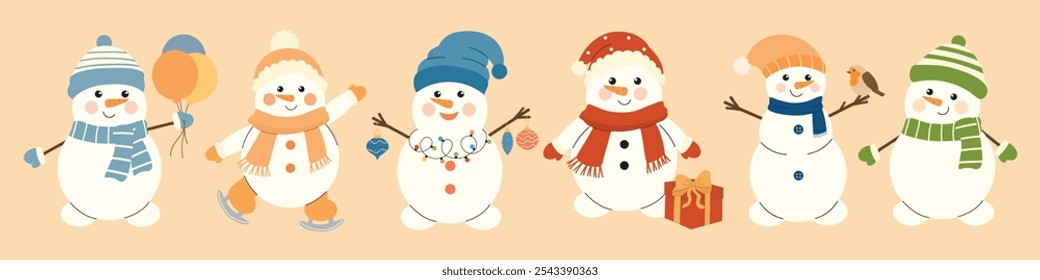 Set of snowmen. Snowman in a hat, scarf, New Year and Christmas decorations. Collection of cute snowmen. Christmas winter cartoon character. Children's greeting card. Vector illustration, isolated.