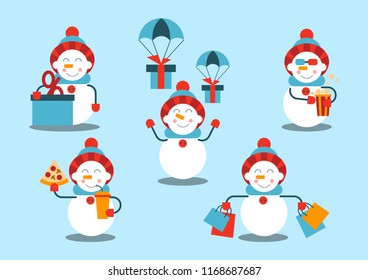 A set of snowmen. The snowman makes a purchase, gets a discount, receives gifts, eats pizza, watches a movie and eats popcorn. Vector illustration.