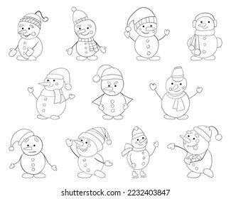 A set of snowmen with a thin line, vector illustration of a doodle on a white background.