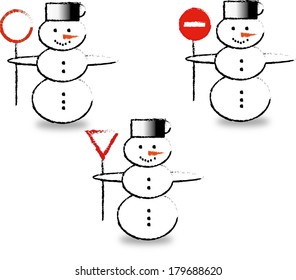 Set of snowmen with traffic signs 