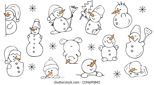 Set of snowmen in various poses. Christmas, New Year. Vector