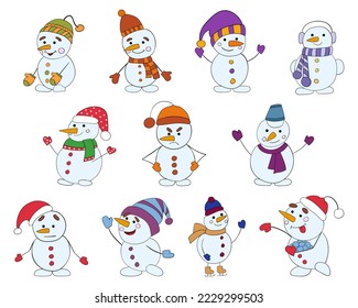 Set of snowmen, vector illustration of a doodle on a white background.