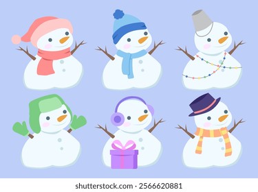 Set of snowmen. Winter season characters. Snowman in pink and blue scarf and hat, headphones and mittens. Christmas and New Year. Flat vector collection isolated on violet background