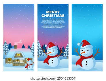 Set of snowmen in a winter season, ideal for Christmas backgrounds. Optimized for mobile phone screens, these festive illustrations are ideal for holiday-themed apps and social media graphics