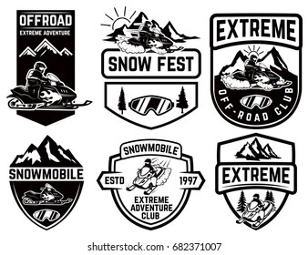 Set of snowmobile emblems isolated on white background. Design element for label, brand mark, sign, poster. Vector illustration