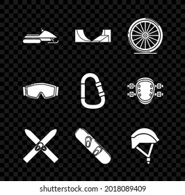 Ponga Snowmobile, Skate park, rueda de bicicleta, esquí y palos, Snowboard, casco, gafas e ícono de Carabiner. Vector
