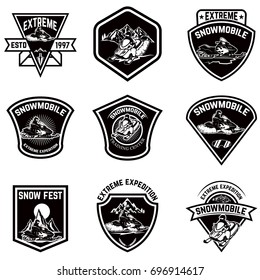 Set of snowmobile sport emblems. Snow bike. Design elements for logo, label, emblem, sign. Vector illustration