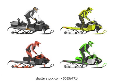 Set of snowmobiles. Transport for extreme sport. Snowmobile with driver. Vector illustration