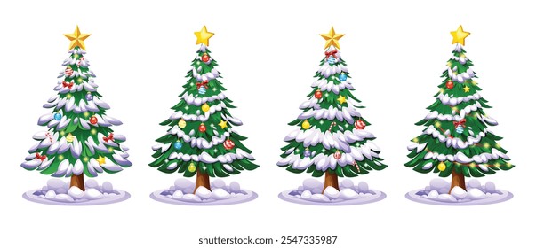 Conjunto de árboles de Navidad nevados decorados con adornos y estrellas en una escena de invierno. Vector ilustración de dibujos animados