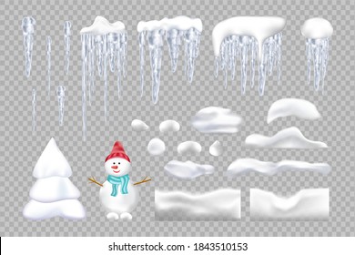 Set of snowy elements,icicles, caps,snowman and Christmas tree. Winter seasonal decorations. Vector template in realistic style.