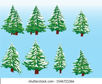 Set of snowy fir trees in the winter.  Vector illustration isolated on blue background.