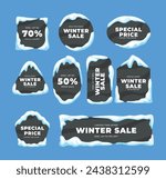 Set snowy frame and ice cap with text here gap banners set illustration, winter sale banner collection border cartoon with icicles and oval, circle, square, rectangle, triangle shape. snow sale frame