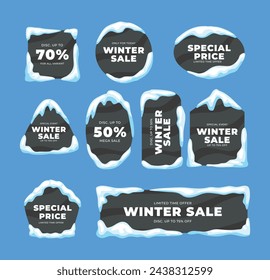 Set snowy frame and ice cap with text here gap banners set illustration, winter sale banner collection border cartoon with icicles and oval, circle, square, rectangle, triangle shape. snow sale frame