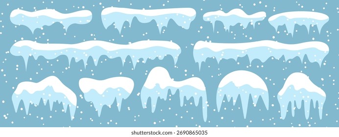 Set von schneebedeckten Eiszapfen, Schneekappen, Vektorwinterelementen