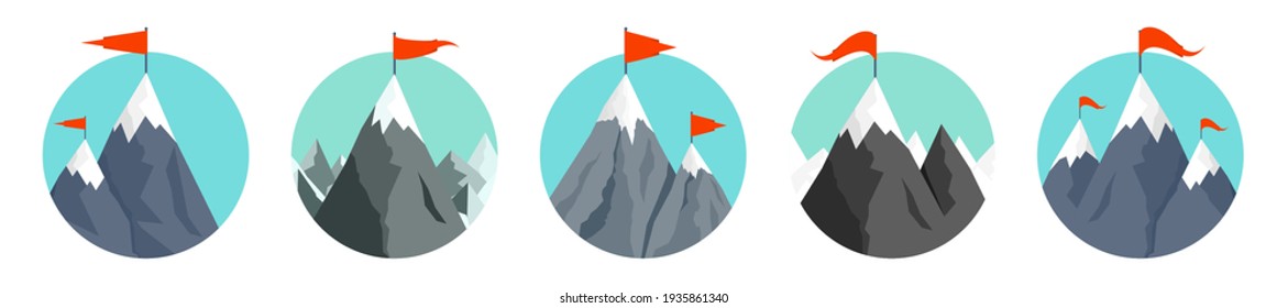 Set of snowy mountains in flat style. Winter rocky mountain landscape. Outdoor travel and tourism, hiking. Climbing on mountain peak. Vector illustration.