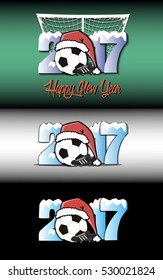 Set snowy New Year numbers 2017 and soccer ball in a Christmas hat with football boots on the background of the gate. Vector illustration