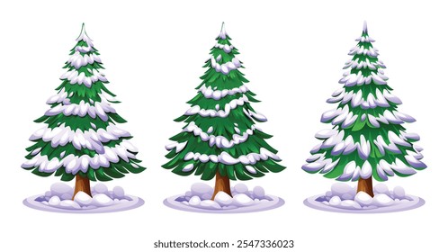 Set of snowy pine tree vector cartoon illustration