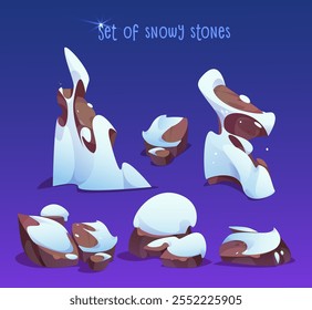 Set of snowy stones for landscape, stones and rocks in snow in game design. Magical winter stones in cartoon style, on a dark background.