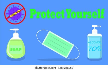 set of soap , alcohol jel 70% and protection mask against coronavirus , covid-19.
