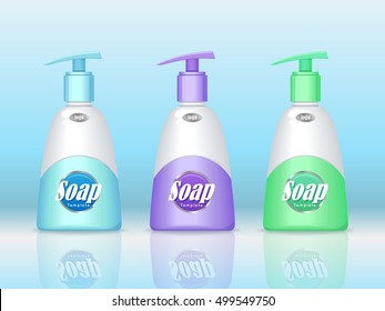 Set of soap bottle with spreader isolated. Cosmetic soap product flasks with logo or symbol on the nameplate. Reservoir with label. Part of series of soap decorative cosmetics items. Vector