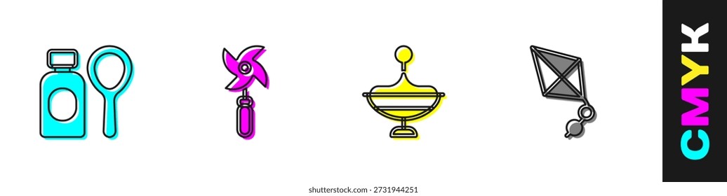 Definir garrafa de bolhas de sabão, brinquedo Pinwheel, Whirligig e ícone de pipa. Vetor