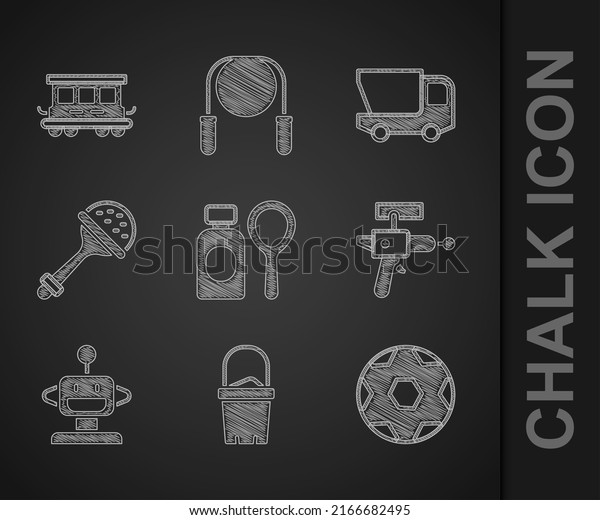 Set Soap bubbles bottle, Sand in bucket, Soccer\
football ball, Ray gun, Robot toy, Rattle baby, Toy truck and\
Passenger train cars icon.\
Vector
