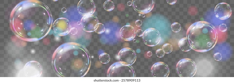 Set of soap bubbles. Flying bubbles with bokeh effect.