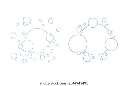 A set of soap bubbles, foam, isolated on white. Graphic drawn contour illustration, vector. Decorative, simple, transparent, water element for design, decoration, labels. Air drops of water