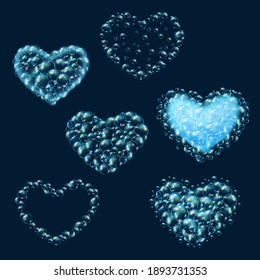 Set of soap bubbles on dark background. Blue water hearts by Valentine's Day. Realistic vector illustration.