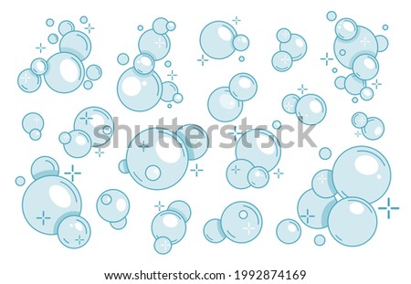 Set of Soap Bubbles, Transparent Water Spheres Isolated on White Background. Balls, Soapy Balloons, Soapsuds. Glossy Foam Aqua, Abstract Design Elements for Detergent Pack. Cartoon Vector Illustration