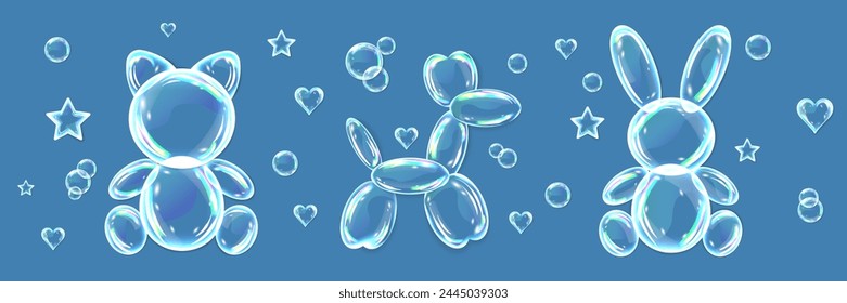 Set of soap bubbles, water drops in the shape of a bunny, kitten and dog with shadows on blue background. Vector illustration with water drops.