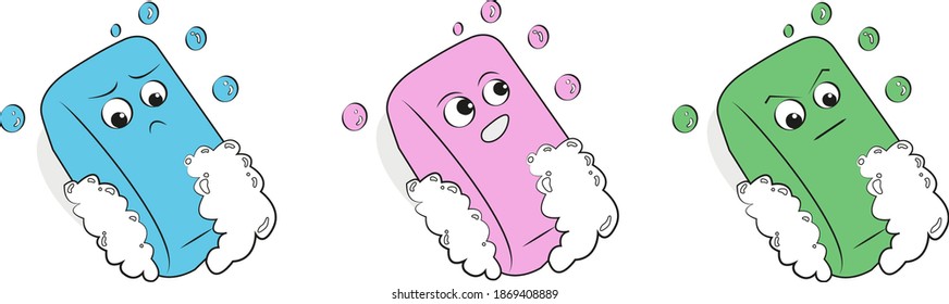 Set of soap, cartoon illustration vector, face happy, angry, sad, kawaii