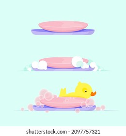 Set of soap in a soap dish with bubbles and foam and a bath duck