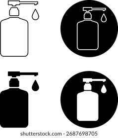 Set of Soap Dispenser Bottle Icons in Black and White Vector Illustration. Perfect for hygiene, cleaning, skincare, sanitizer, cosmetic product themes, packaging.