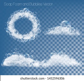 Set of soap foam and bubbles on transparent background. Vector illustration