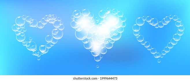 Set von Seifenschaumstücken, die als Herz geformt sind. Vektorrealistische Seifenspäne. Valentinstag-Symbol. Blauer Hintergrund.